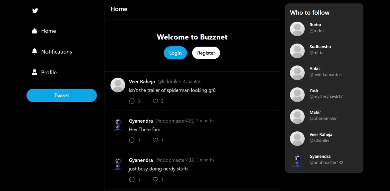 BuzzNet home feed on a dark background: a left sidebar with Home, Notifications and Profile plus a blue Tweet button, a centre column of posts showing comment and like counts, and a Who to follow panel on the right.