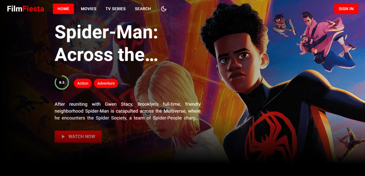 FilmFiesta home page: a full-width film banner with a rating badge, genre tags, a short synopsis and a watch-now button, above a dark navigation bar.